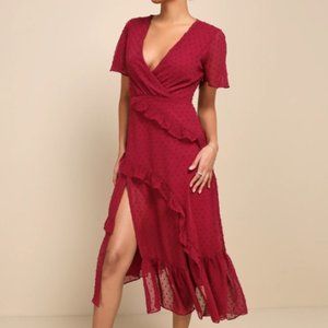 Next to You Plum Swiss Dot Ruffled Midi Dress